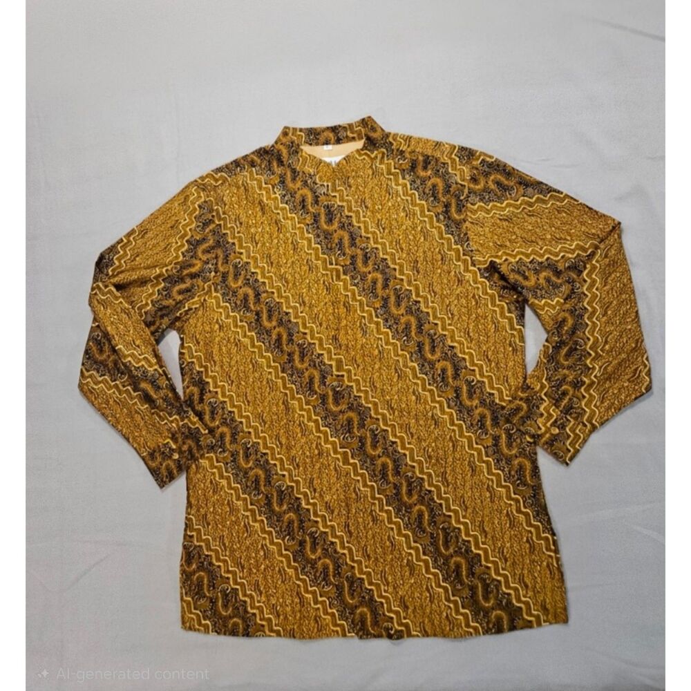 Vintage Batik Keris Indonesian Cotton Shirt Mens XL 17 Gold Geometric Parang